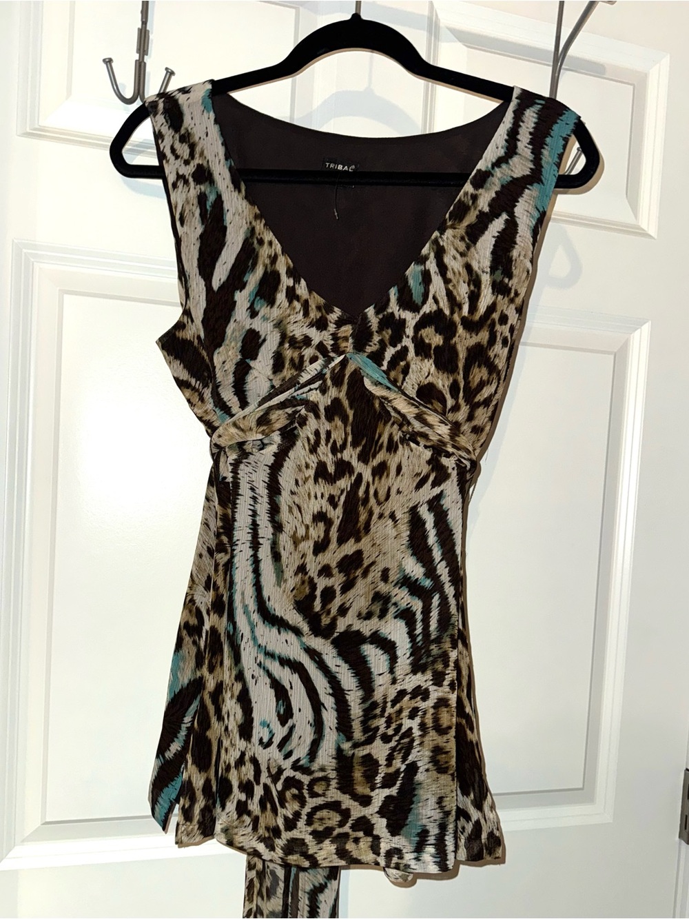 Tribal Brown and Tan Animal Print V-Neck Sleeveless Tunic with Teal size 14